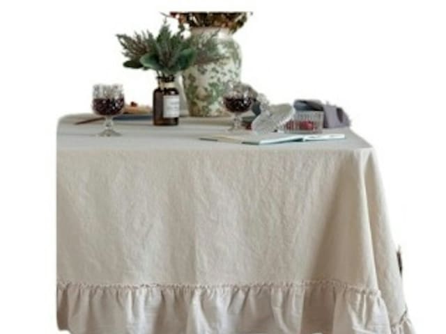 Natural Linen Ruffle Tablecloth - 60”W  x 102” L