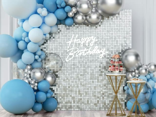 Blue and Silver Shimmer Wall Birthday Setup