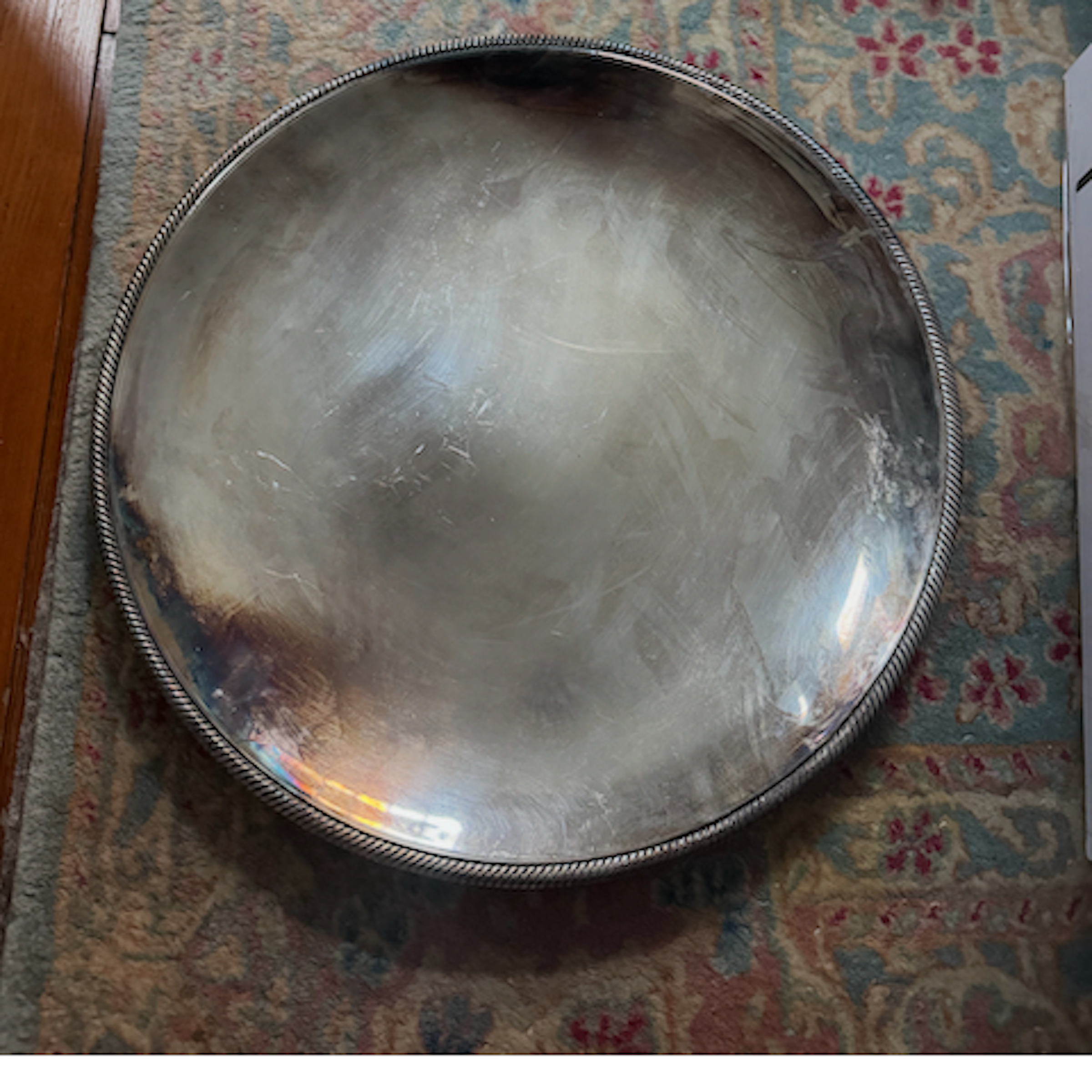 Large Round Silver Serving Tray with Rope Edge