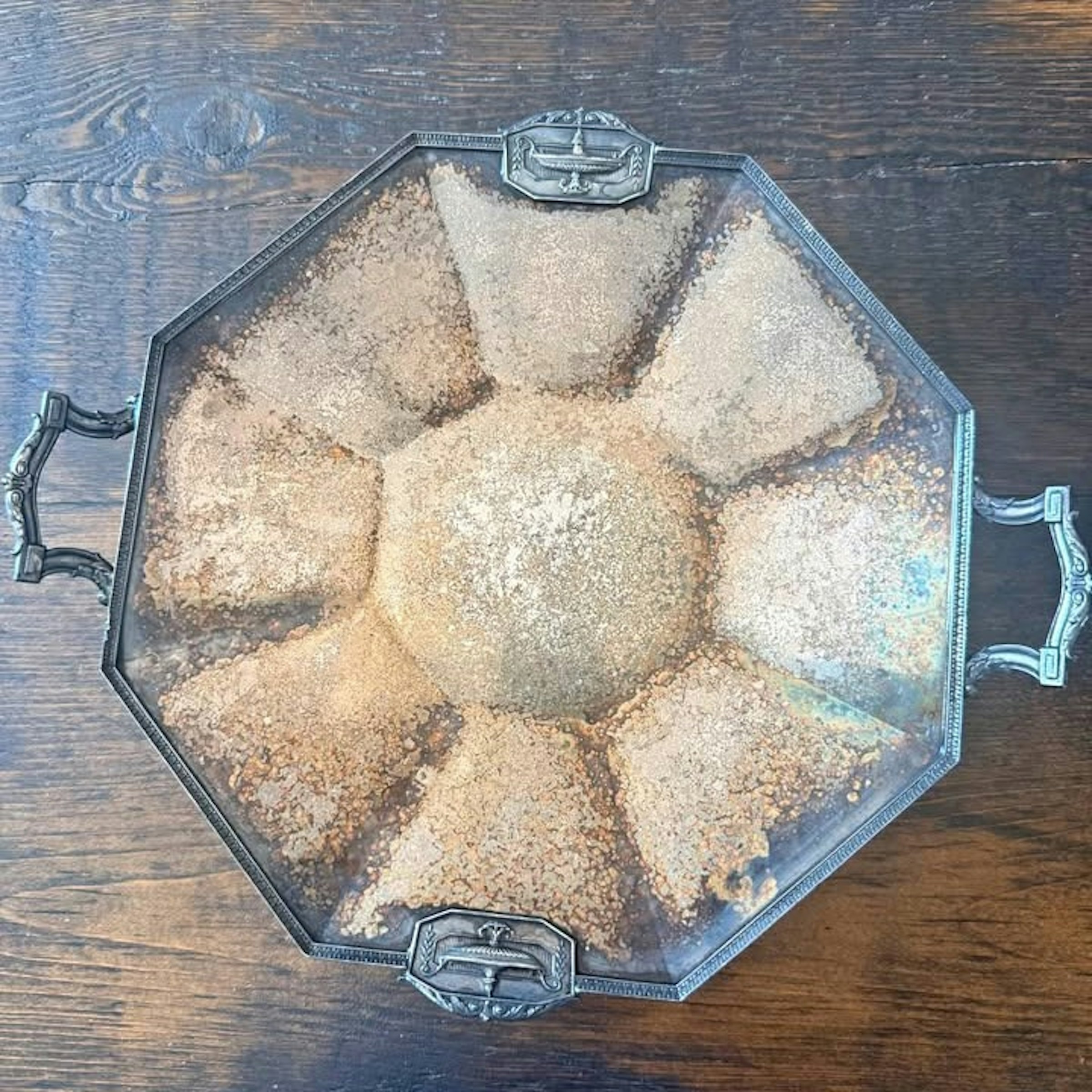 Octagonal Antique Silver Plated Serving Tray w/ Handles
