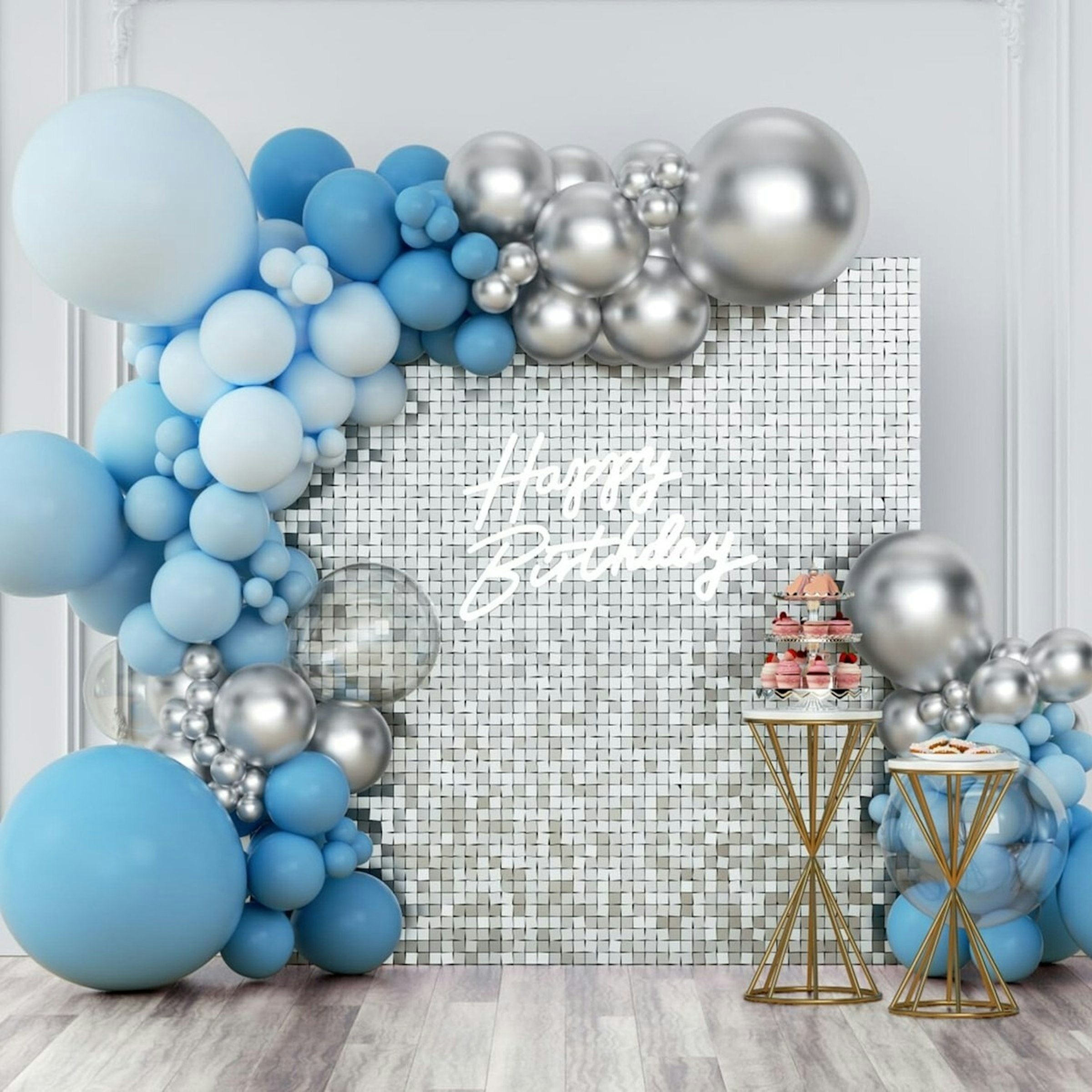 Blue and Silver Shimmer Wall Birthday Setup