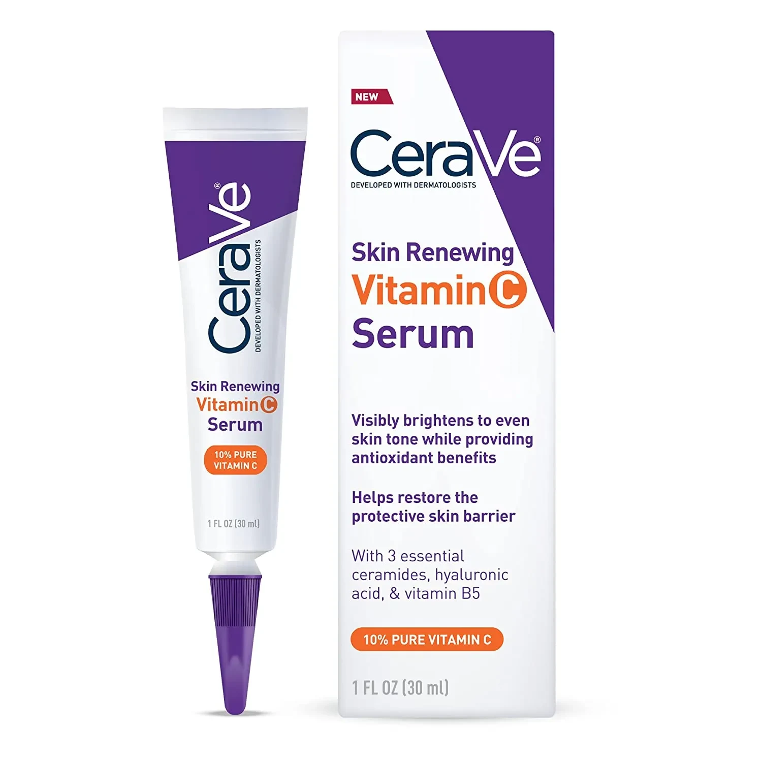 CeraVe Pure Vitamin C Brightening Serum with Hyaluronic Acid, 1 oz