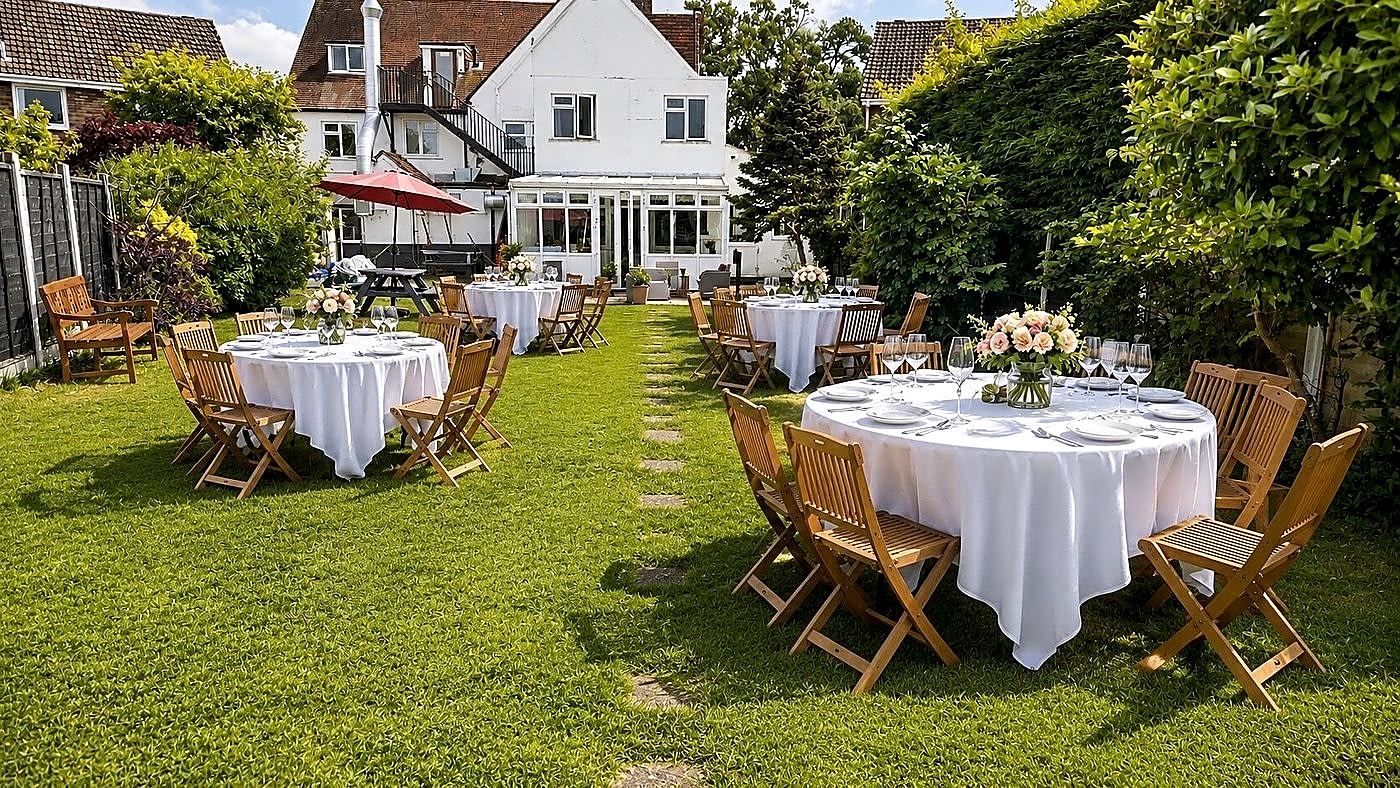 The hotel garden set with round tables for a garden party, with the hotel behind