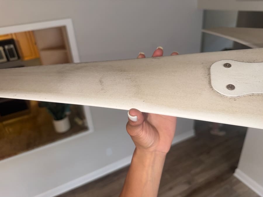 Ceiling fan blade before Blue Bin Crew cleaning