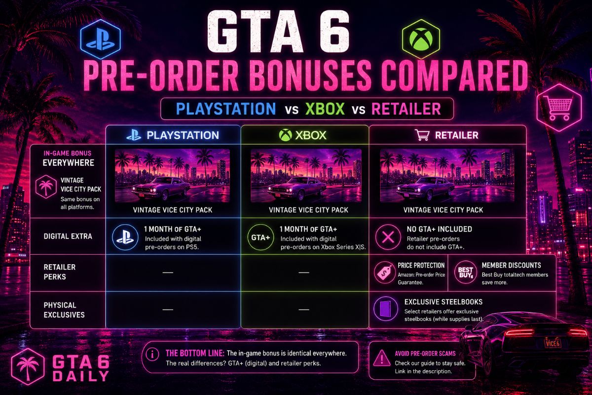 GTA 6 Pre-Order Bonuses Compared: PlayStation vs Xbox vs Retailer