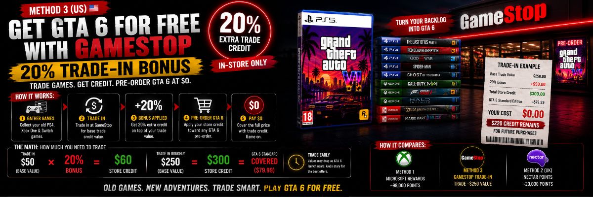 GTA 6 Free Pre-Order Method 3 (US): GameStop's 20% Trade-In Bonus Explained