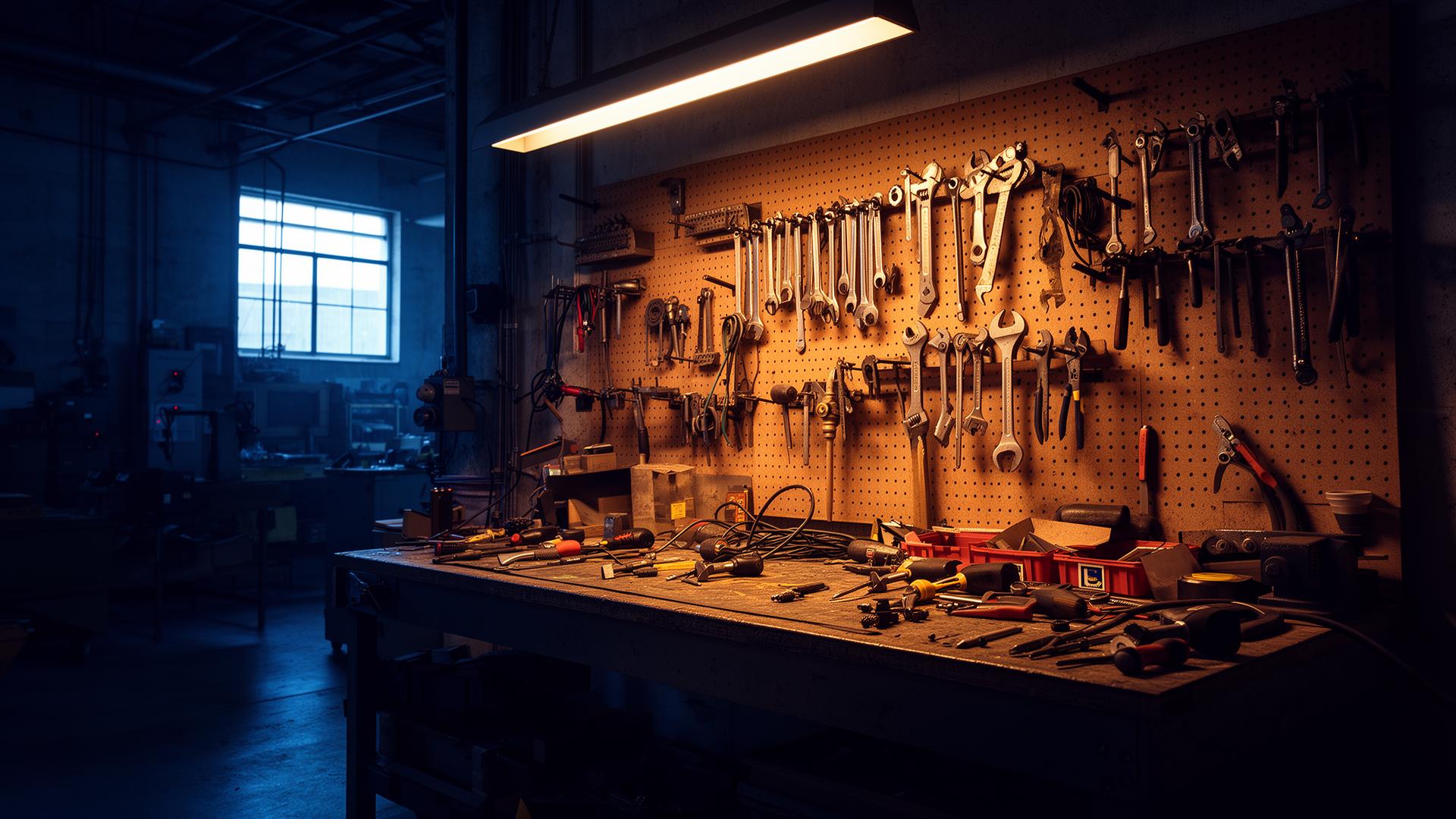 Workshop bench with tools
