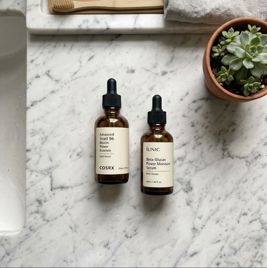 Final comparison flat-lay — two serums side by side