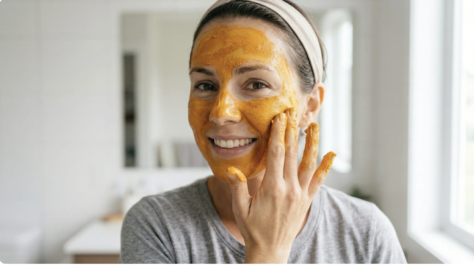 Woman checking skin in mirror — common sun tan mistakes to avoid