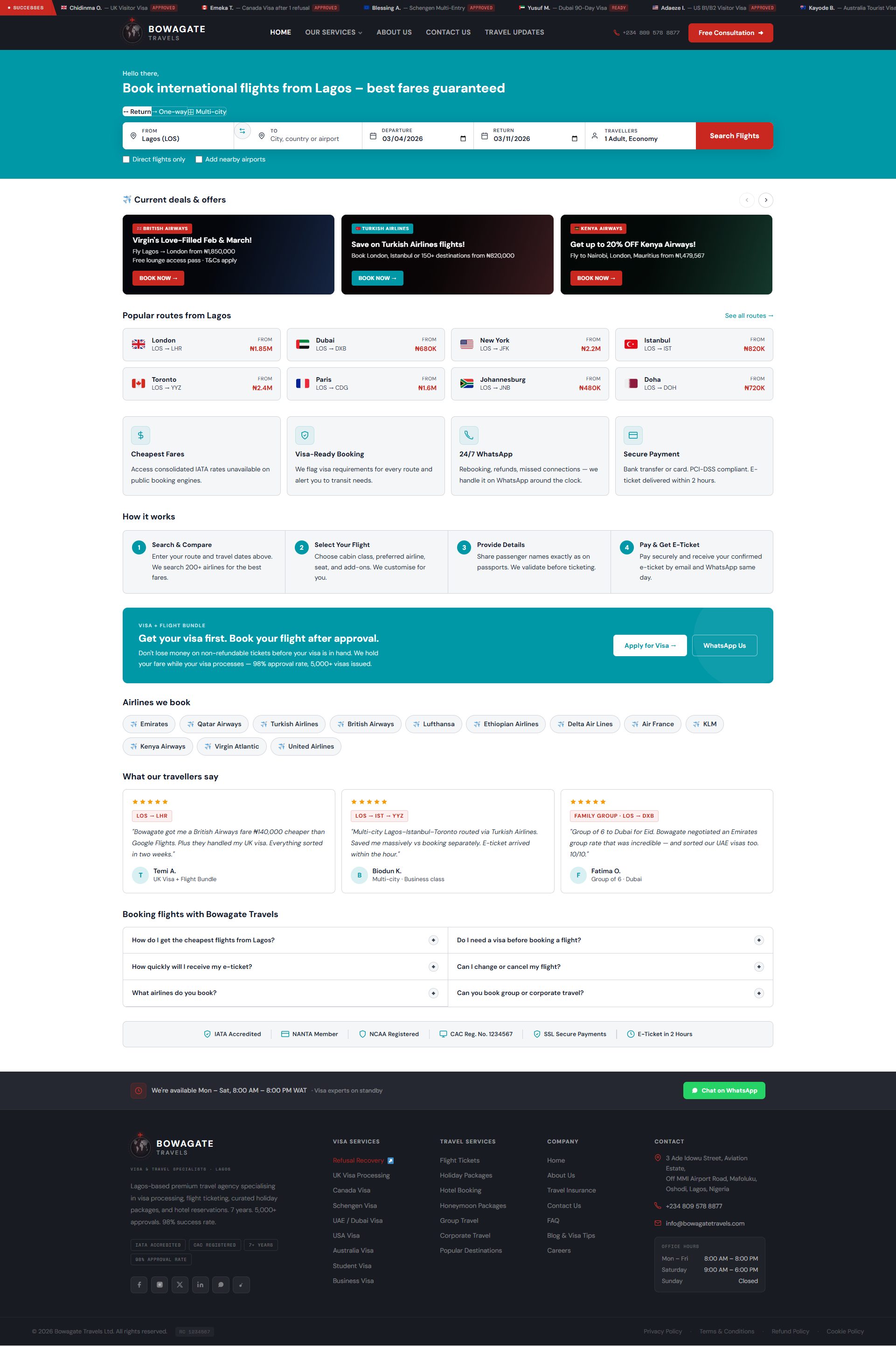 Bowagate Travels website — travel agency site designed by Qrafteq