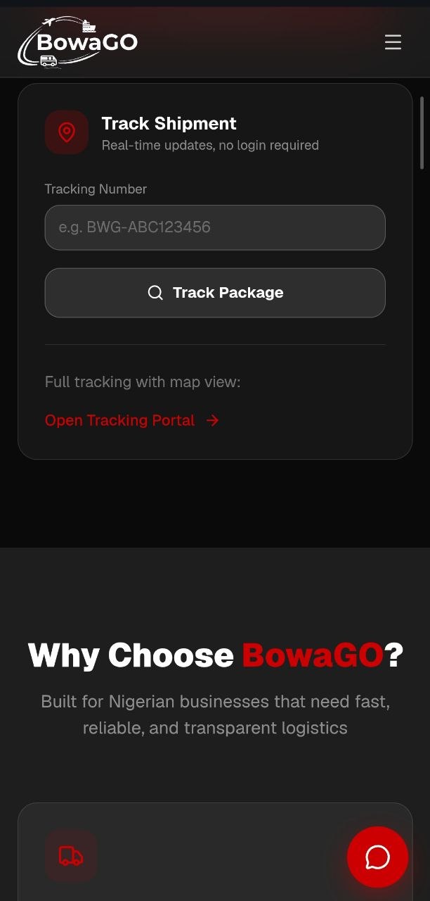 Bowago app shipment tracking screen