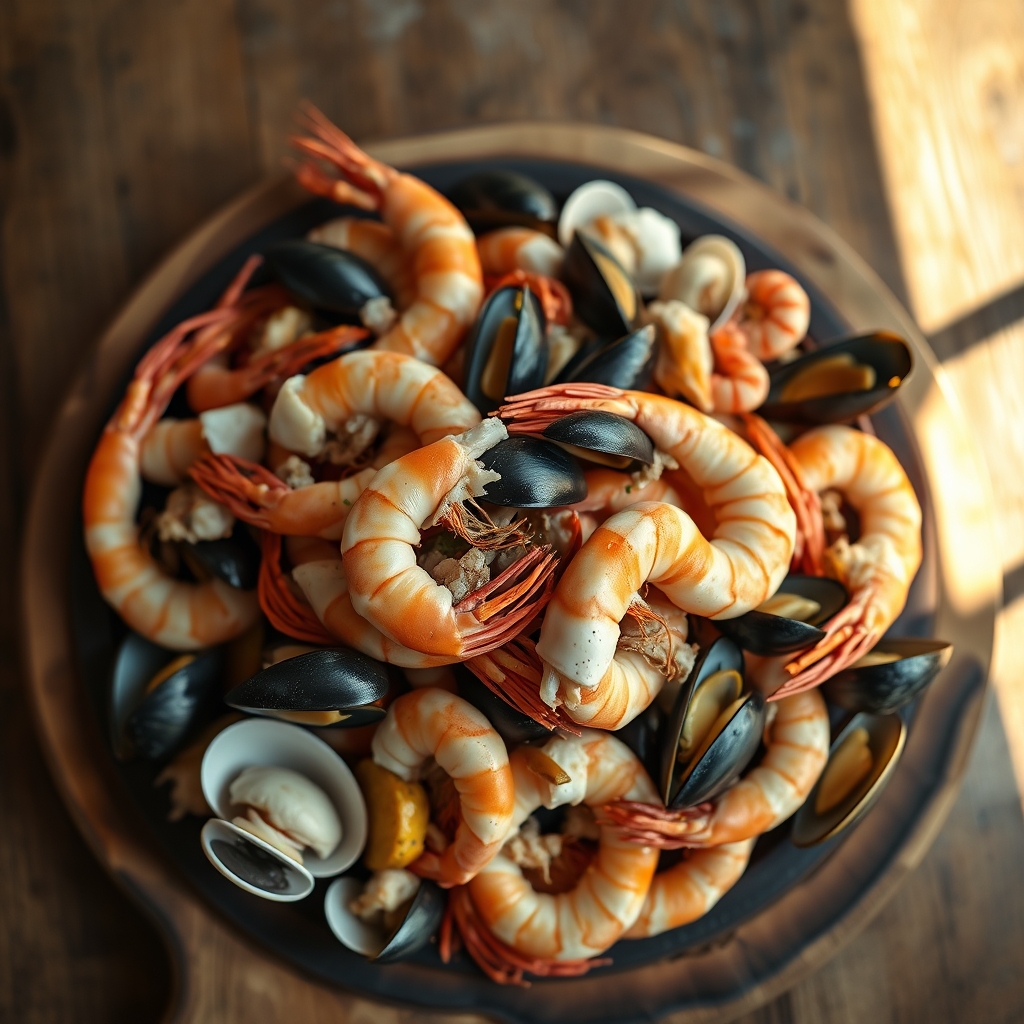 Seafood boil with shrimp, crab legs, mussels, and clams