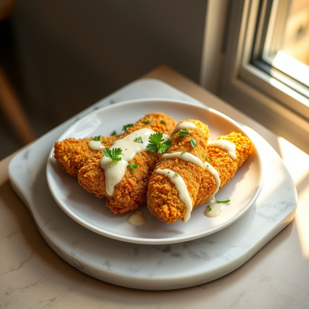 Crispy chicken tenders on a plate