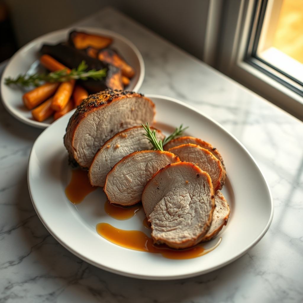 Sliced pork loin roast on a plate