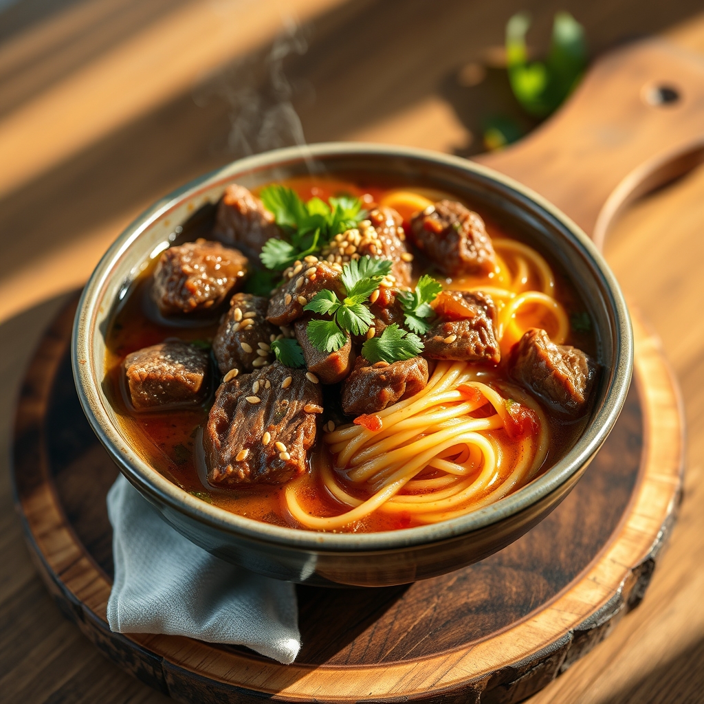 Beef and noodles in a bowl