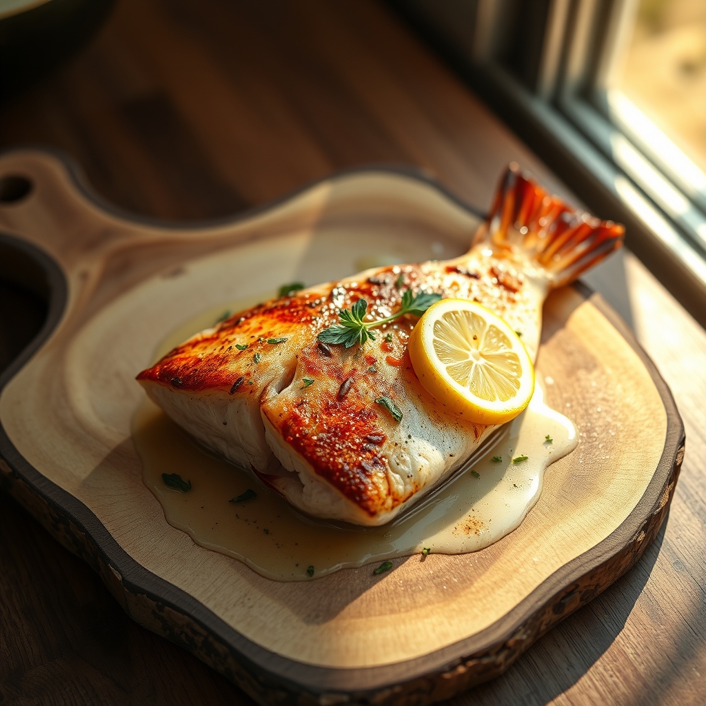 Red snapper baked with lemon slices and herbs on a baking sheet