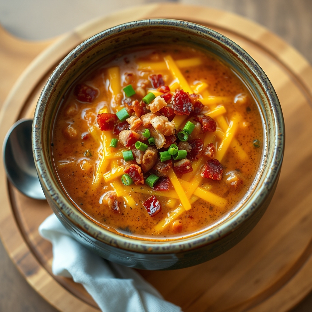 Hearty bowl of cheeseburger soup topped with cheese and bacon