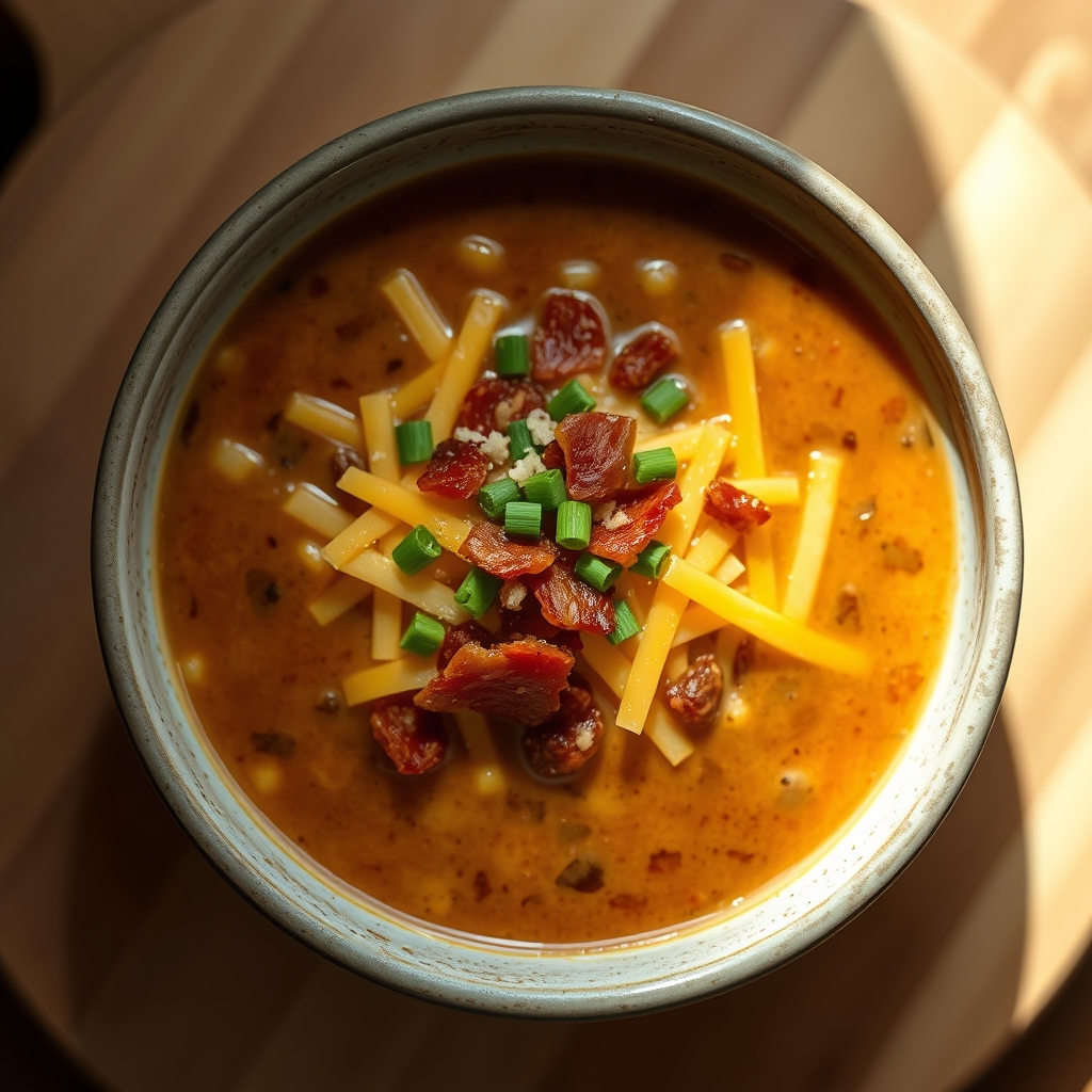 Close-up of cheeseburger soup with melted cheese and toppings