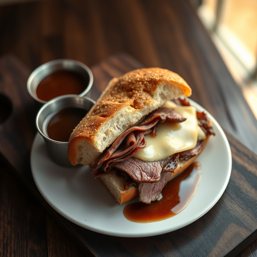 Dipping French Dip Sandwich in Au Jus