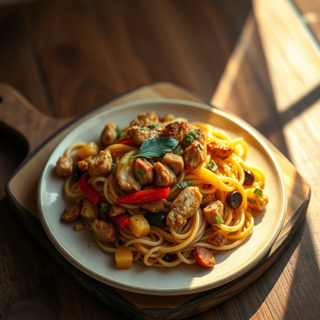 Close-up of Rasta Pasta with chicken and peppers