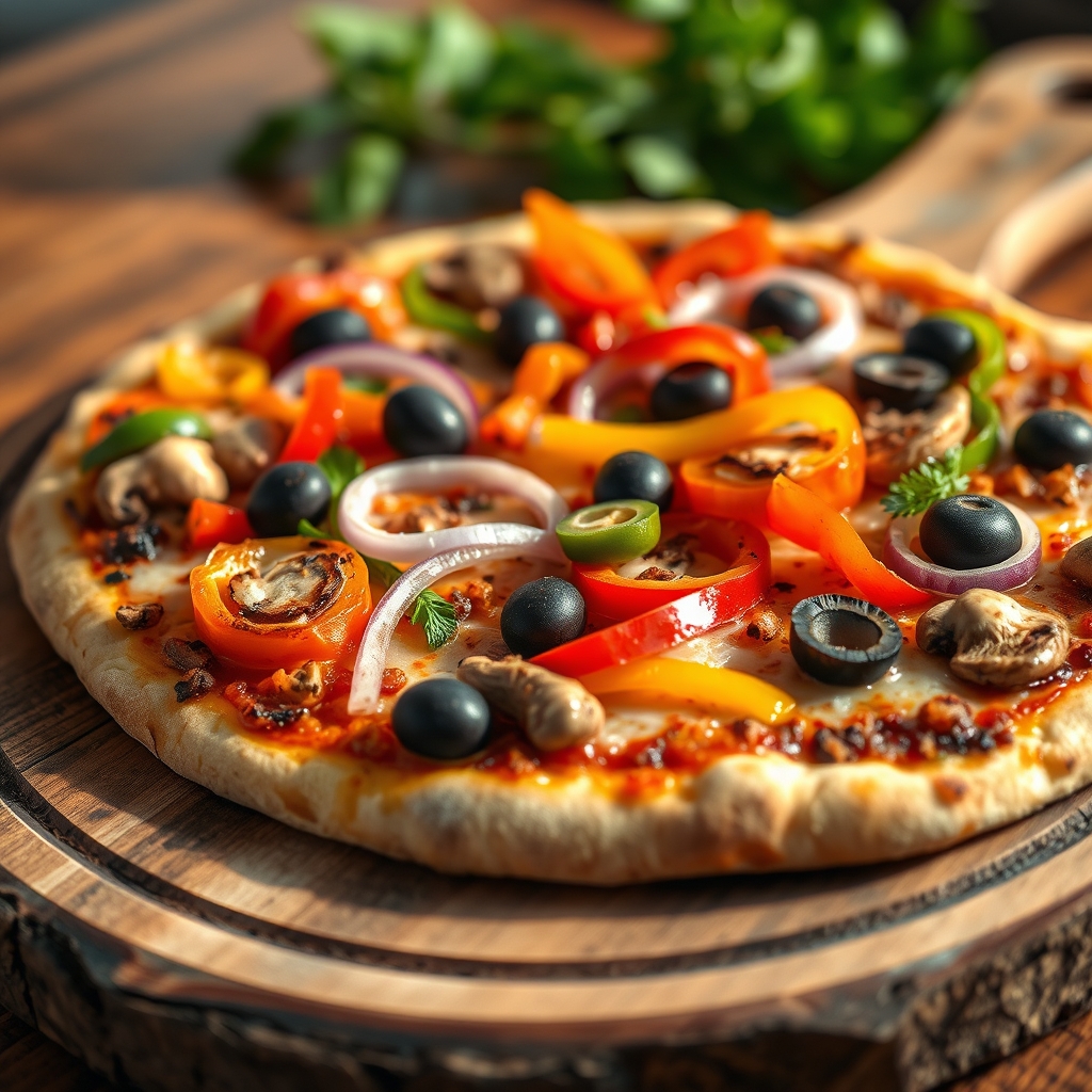 Delicious homemade veggie pizza on a baking sheet