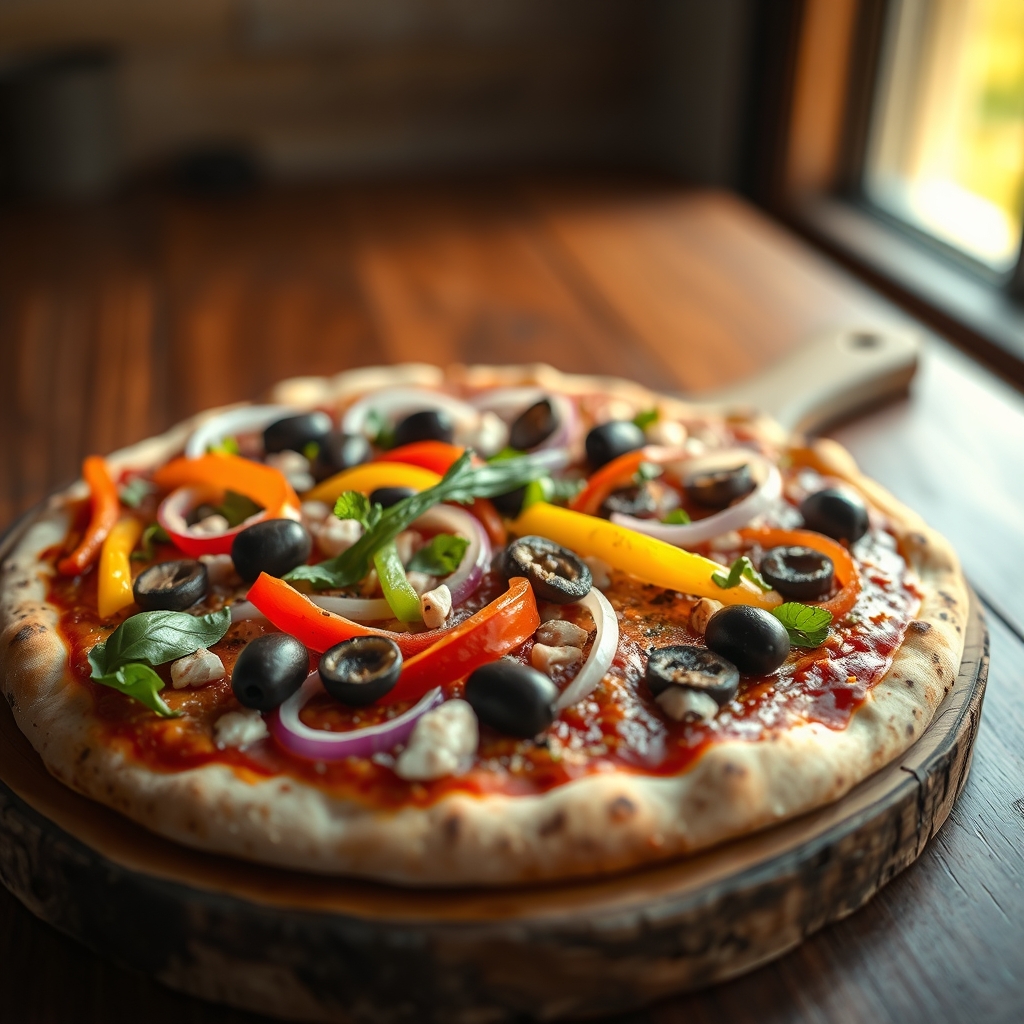 Close-up of assorted fresh vegetables on a partially baked veggie pizza