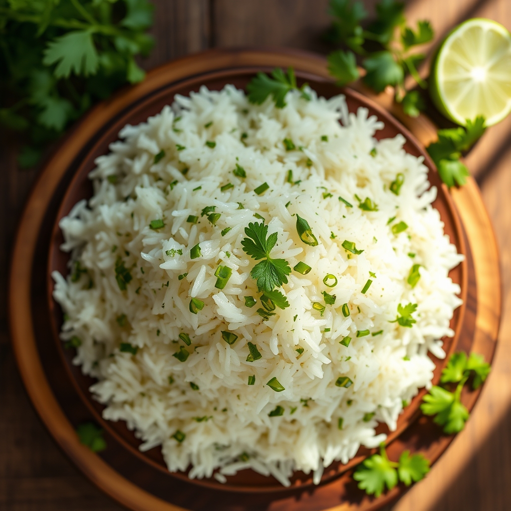 Fresh cilantro and lime being added to cooked rice