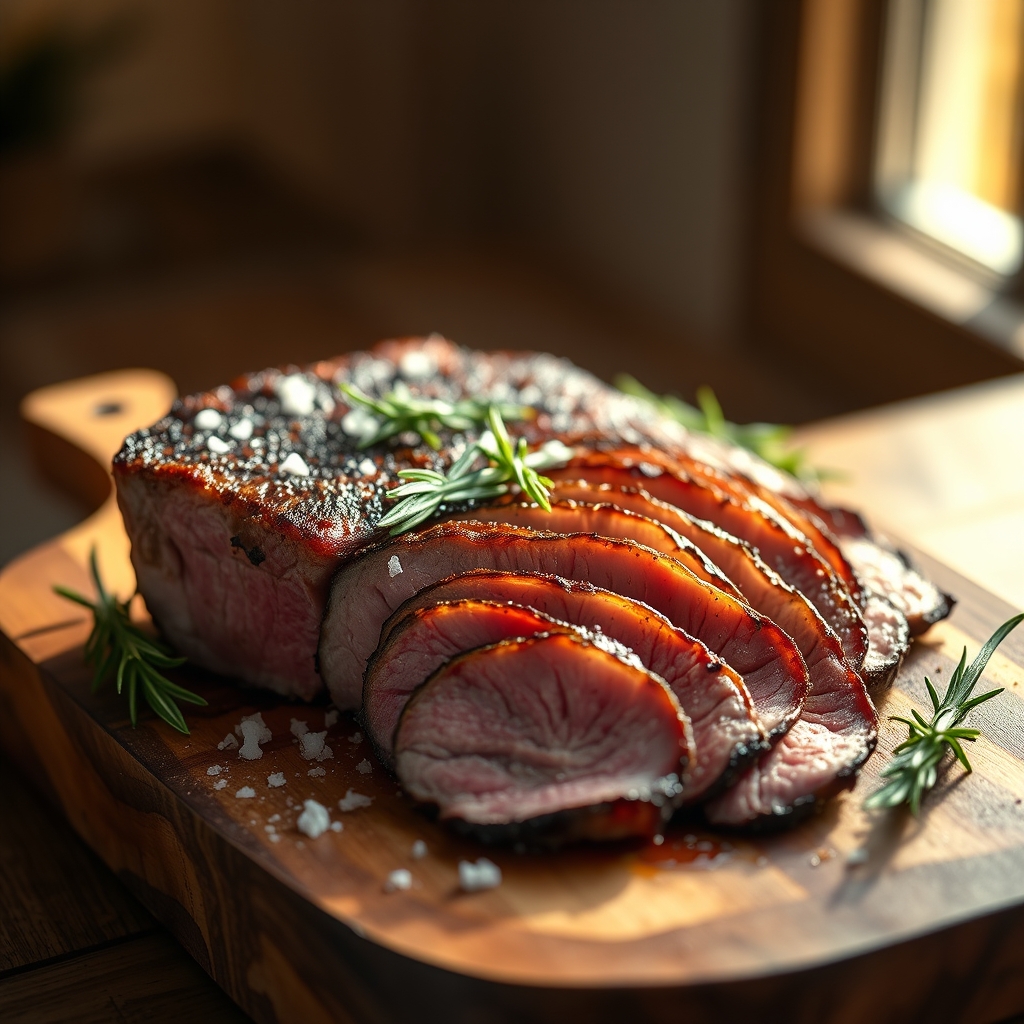 London broil steak marinating in a glass dish