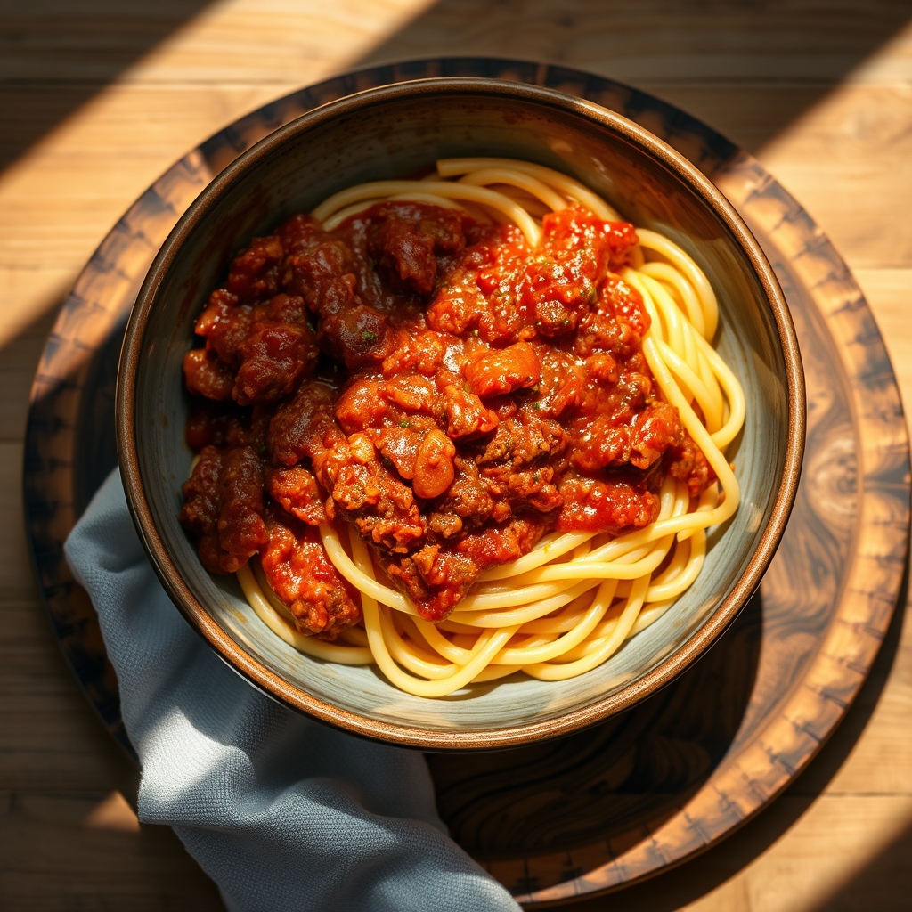 Hearty meat sauce simmered in a pot