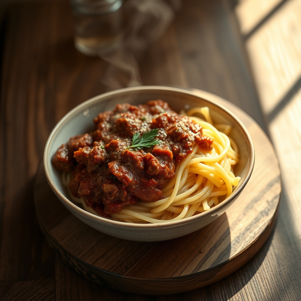 Close-up of a serving of pasta with rich meat sauce
