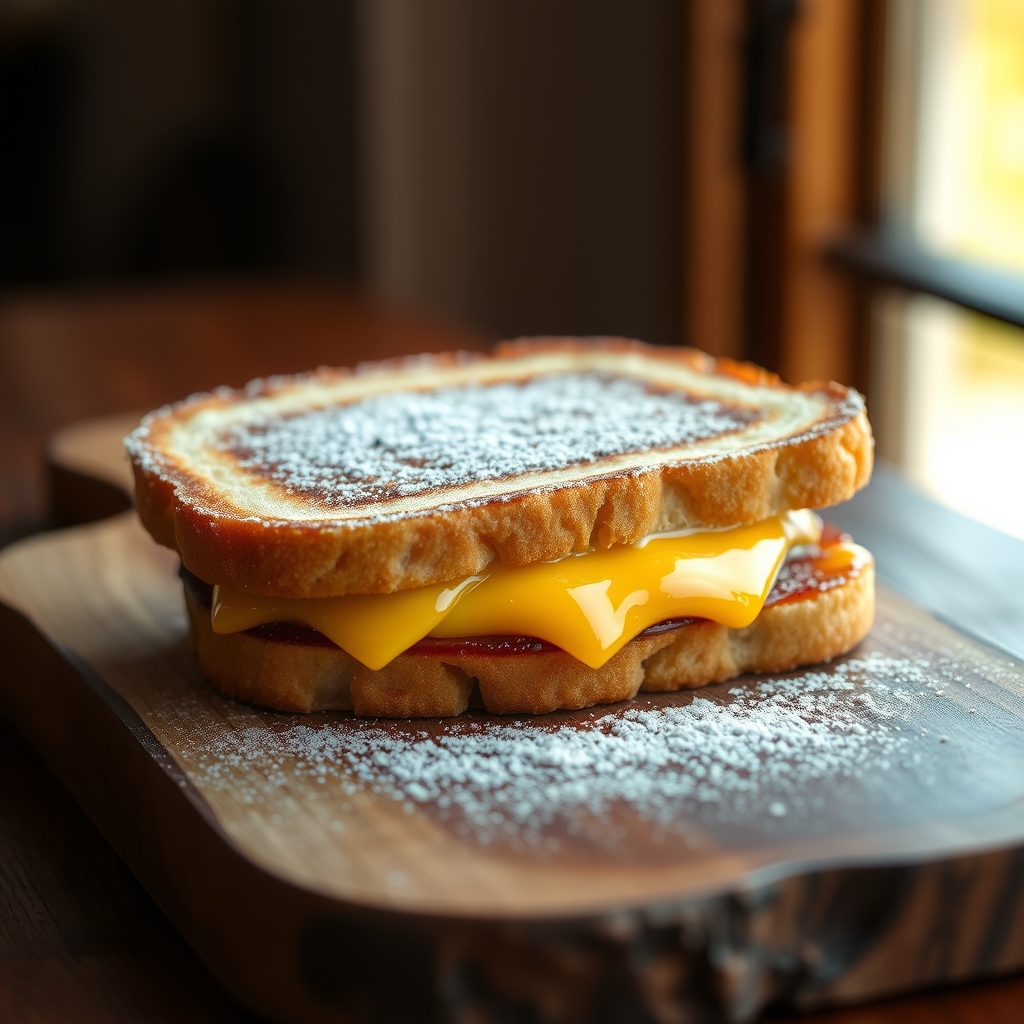 Close-up of a sliced Monte Cristo sandwich with melted cheese