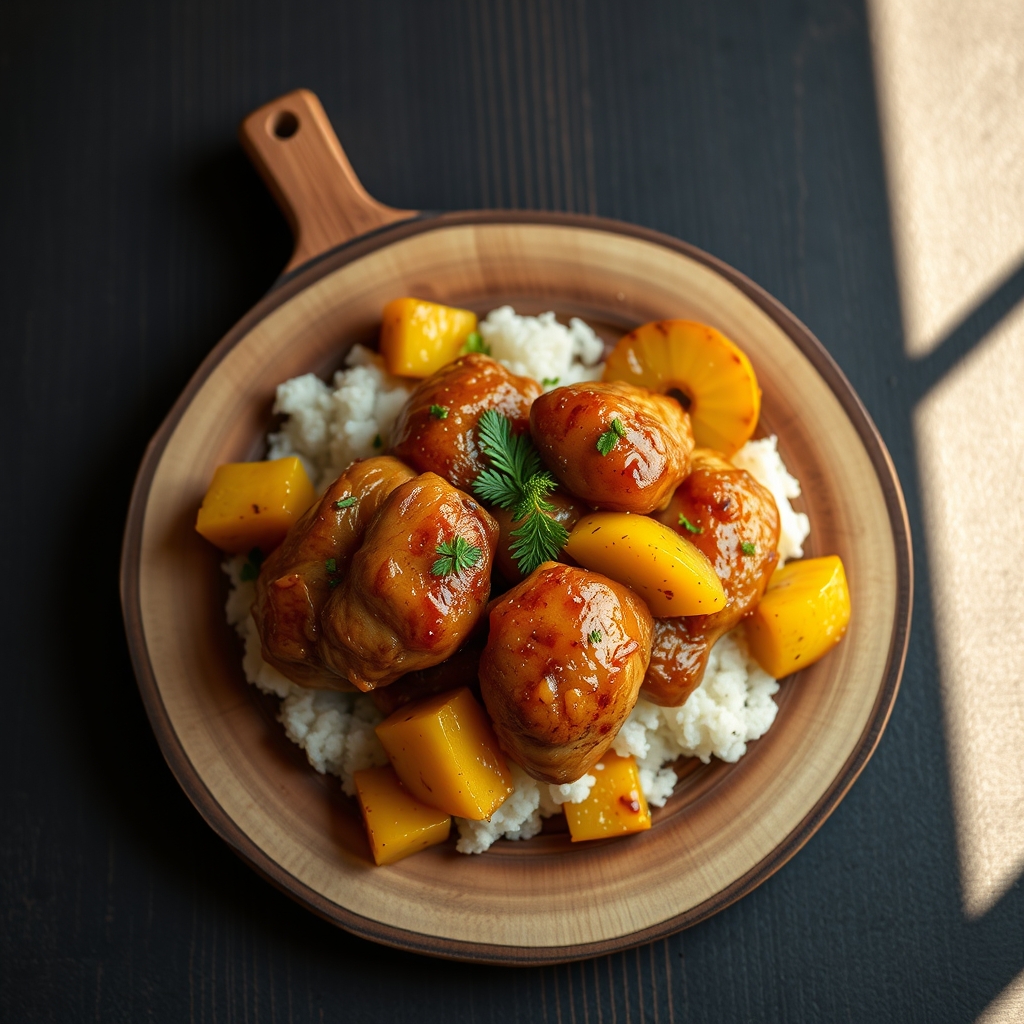 Close-up of pineapple chicken with sauce and pineapple chunks