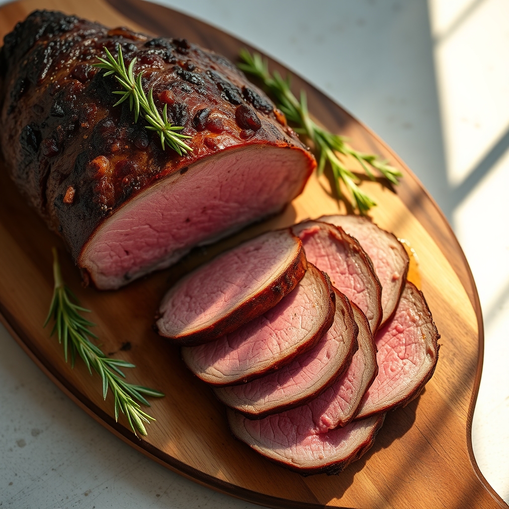 Sliced sirloin tip roast on a platter with herbs