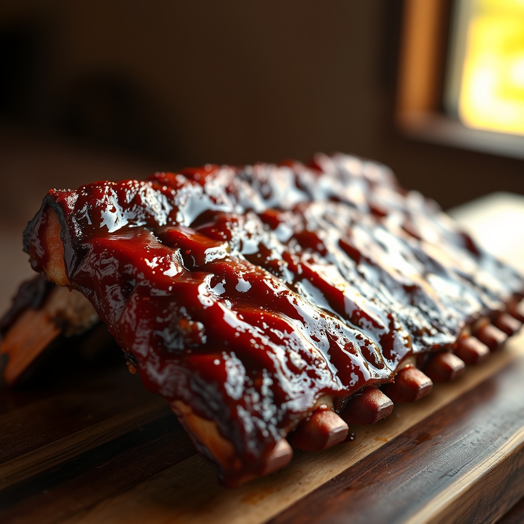 Smoked ribs on a grill with smoke rising
