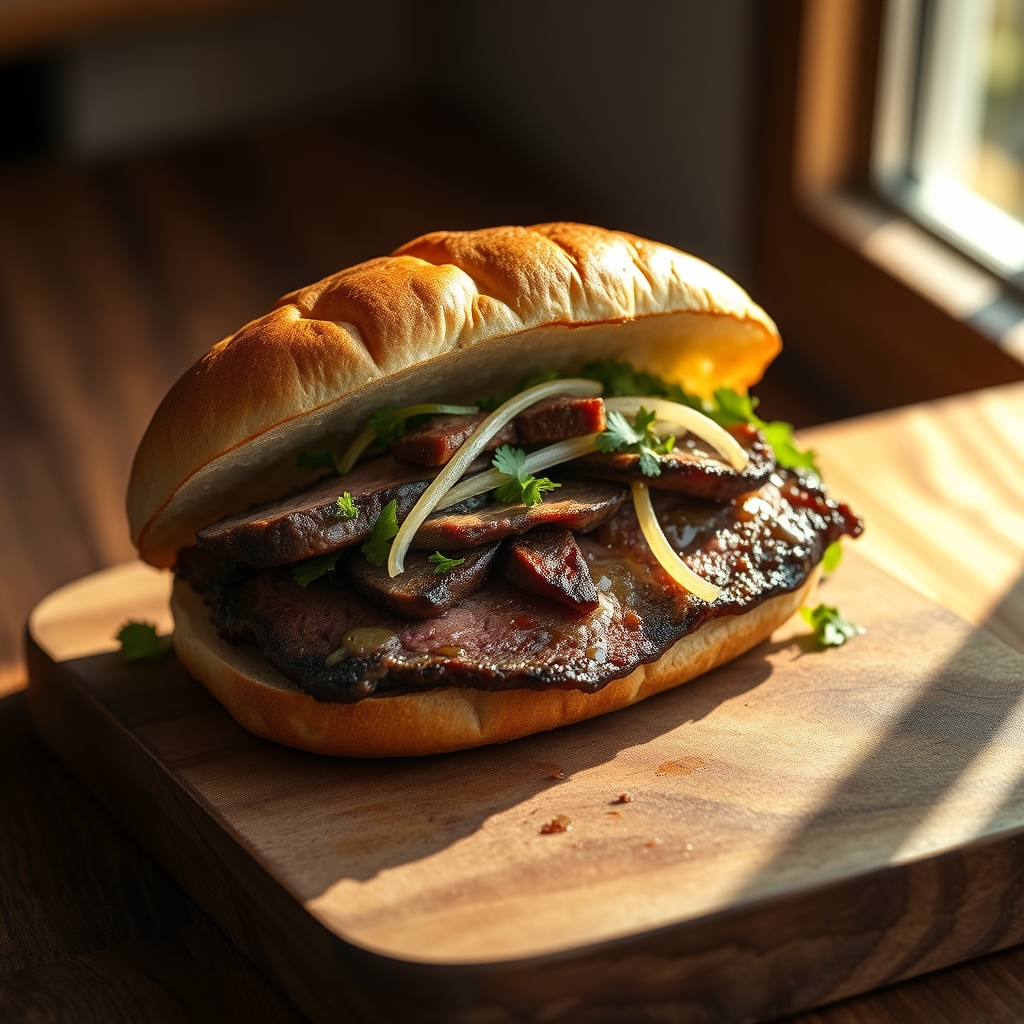 Assembling a steak sandwich with cheese