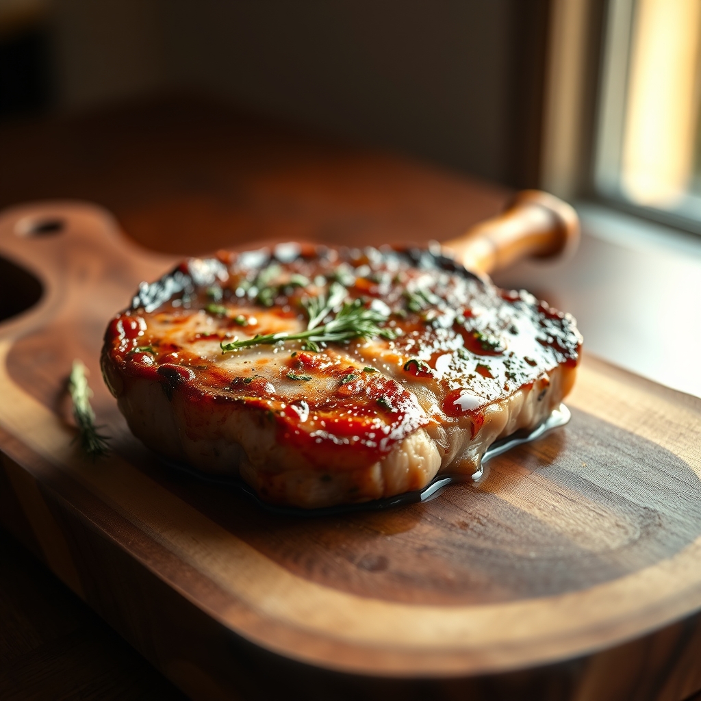 Platter of perfectly cooked thin pork chops with herbs