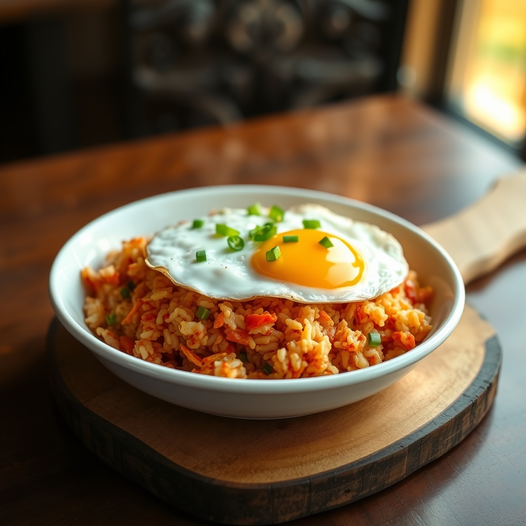 Kimchi fried rice being cooked in a pan