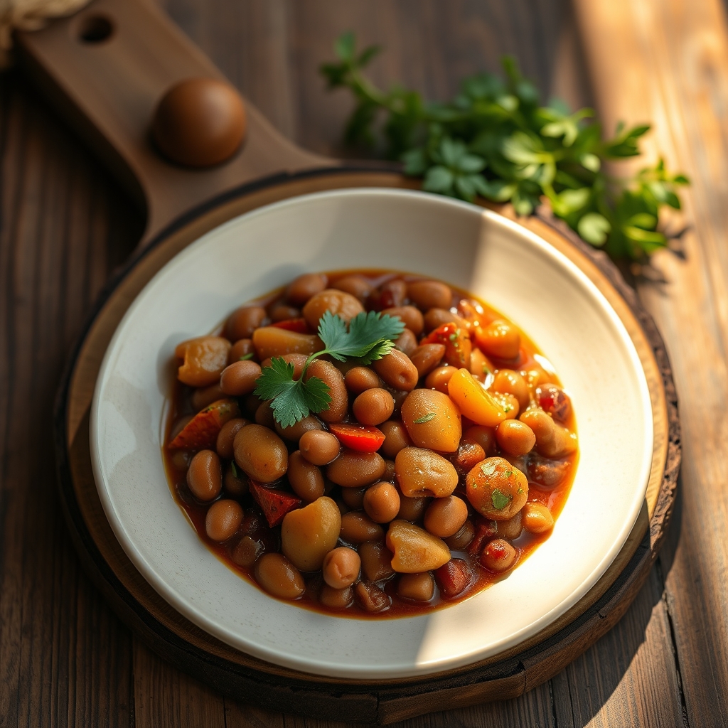 A close-up of ceci beans mixed with vegetables and herbs