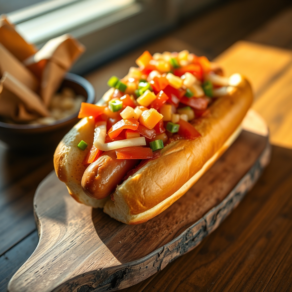 Fully dressed Chicago hot dog on a bun