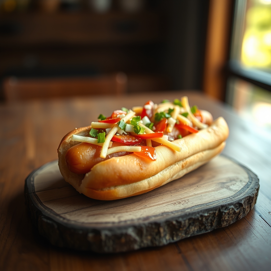 Close-up of Chicago hot dog toppings arranged