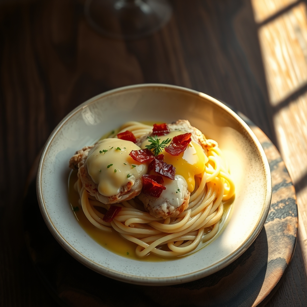 Chicken Carbonara being tossed with sauce