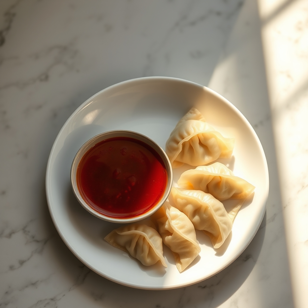 Freshly made dumpling sauce in a small dipping bowl with a garnish of green onions