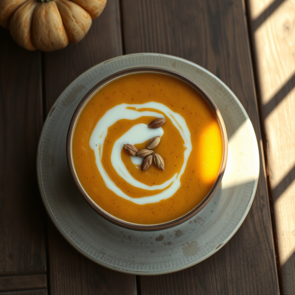 A person ladling butternut squash and apple soup into a bowl