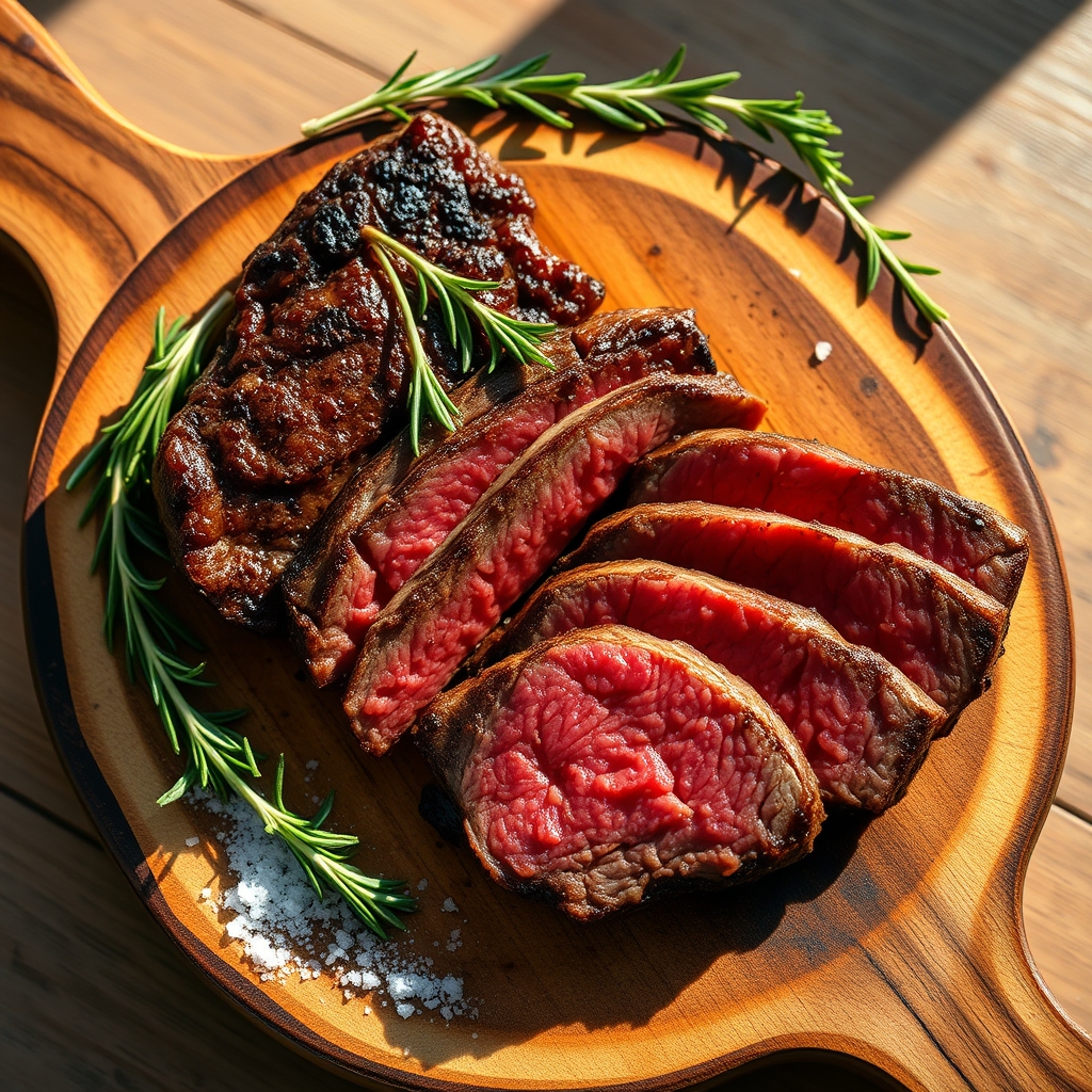 Perfectly cooked flat iron steak on a cutting board