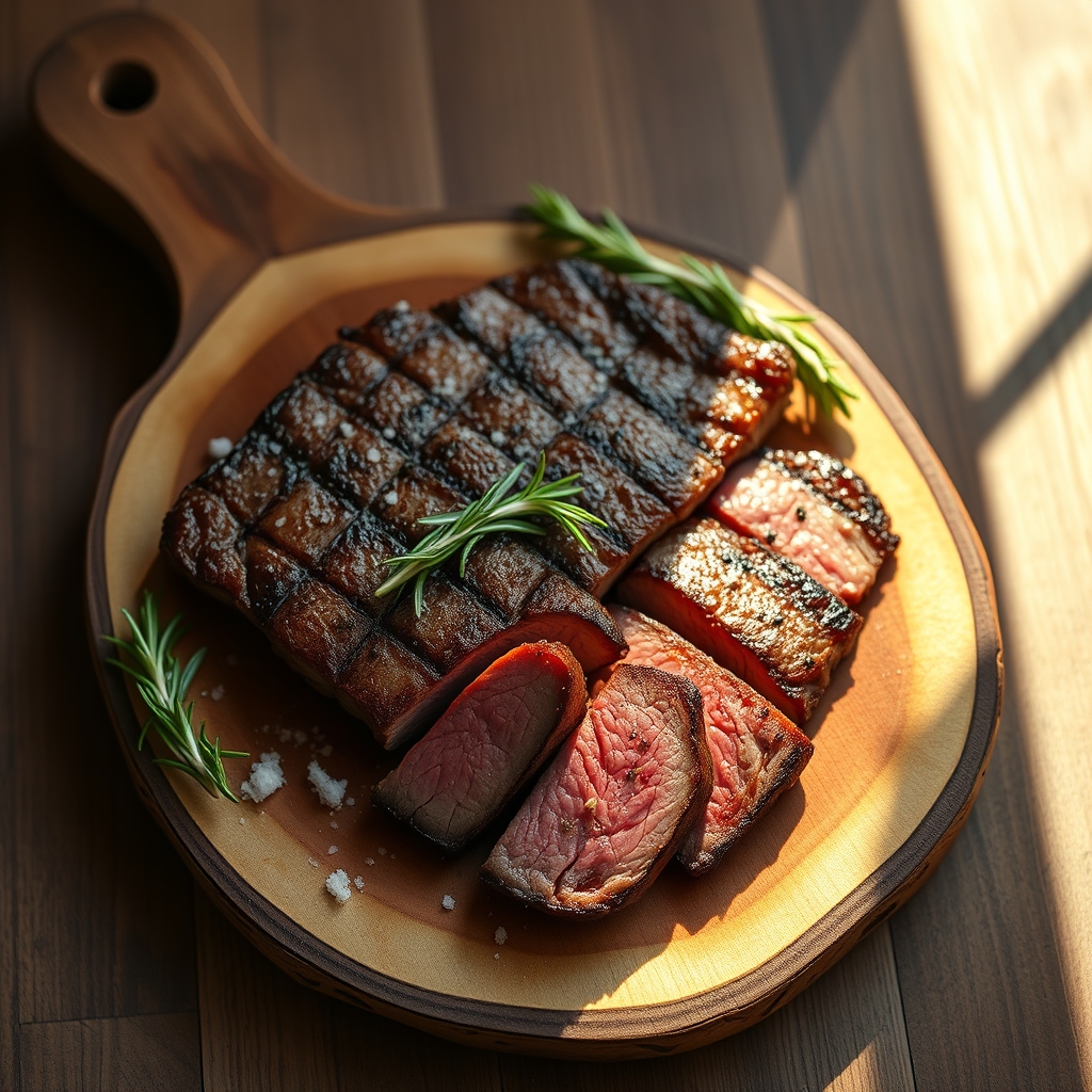 Sliced flat iron steak resting on a wooden board