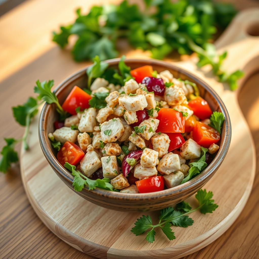 Delicious healthy chicken salad in a bowl