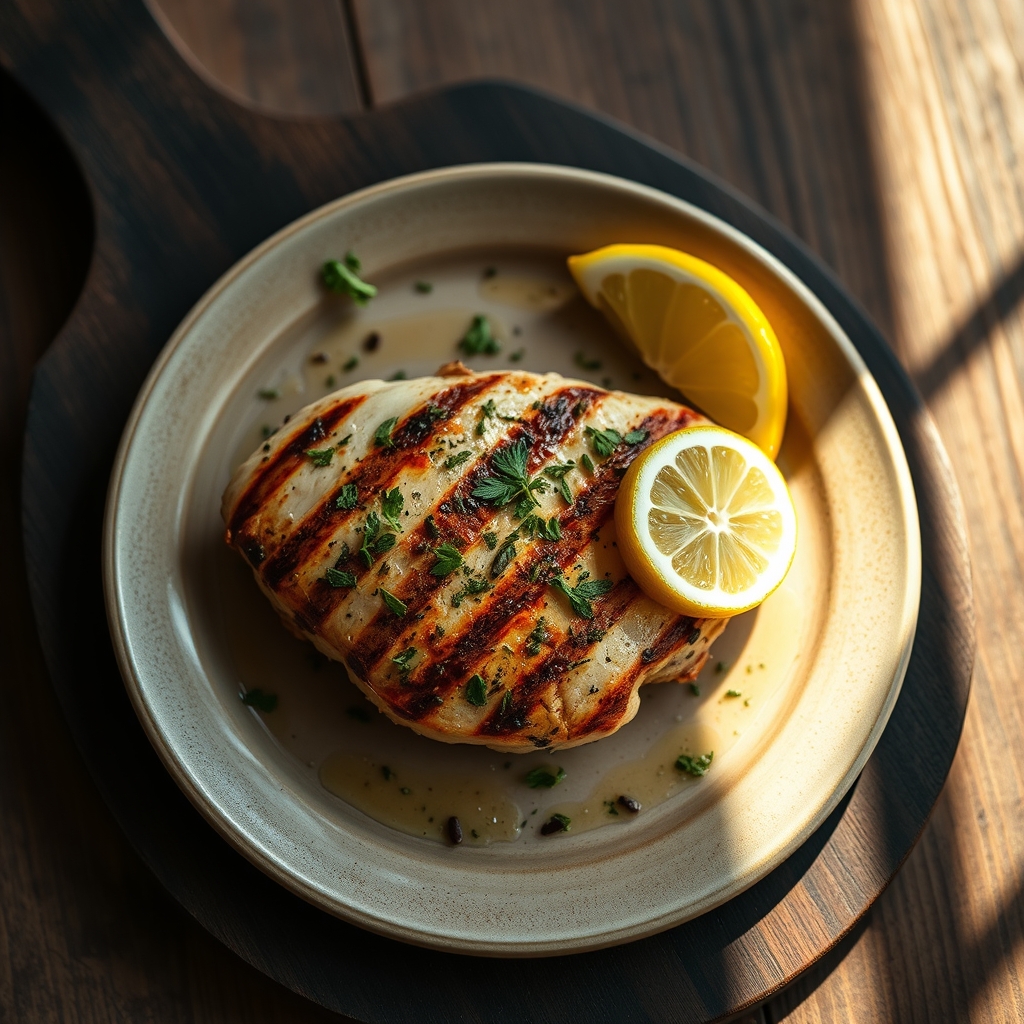 Close up of baked lemon herb chicken breast