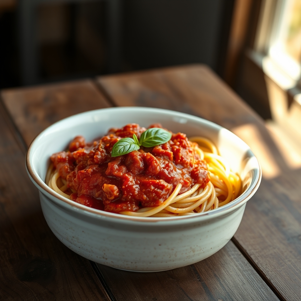 A bowl of spaghetti topped with homemade tomato sauce and fresh basil