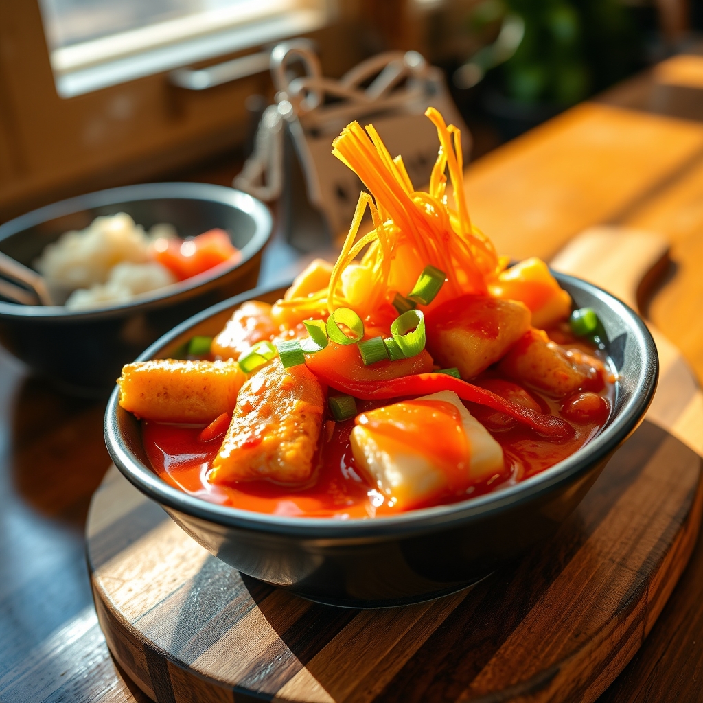 Delicious Korean Tteokbokki served in a bowl with garnish