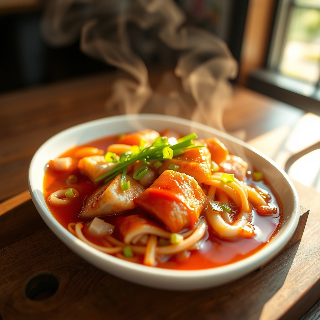 Close-up of bubbling Tteokbokki sauce with rice cakes